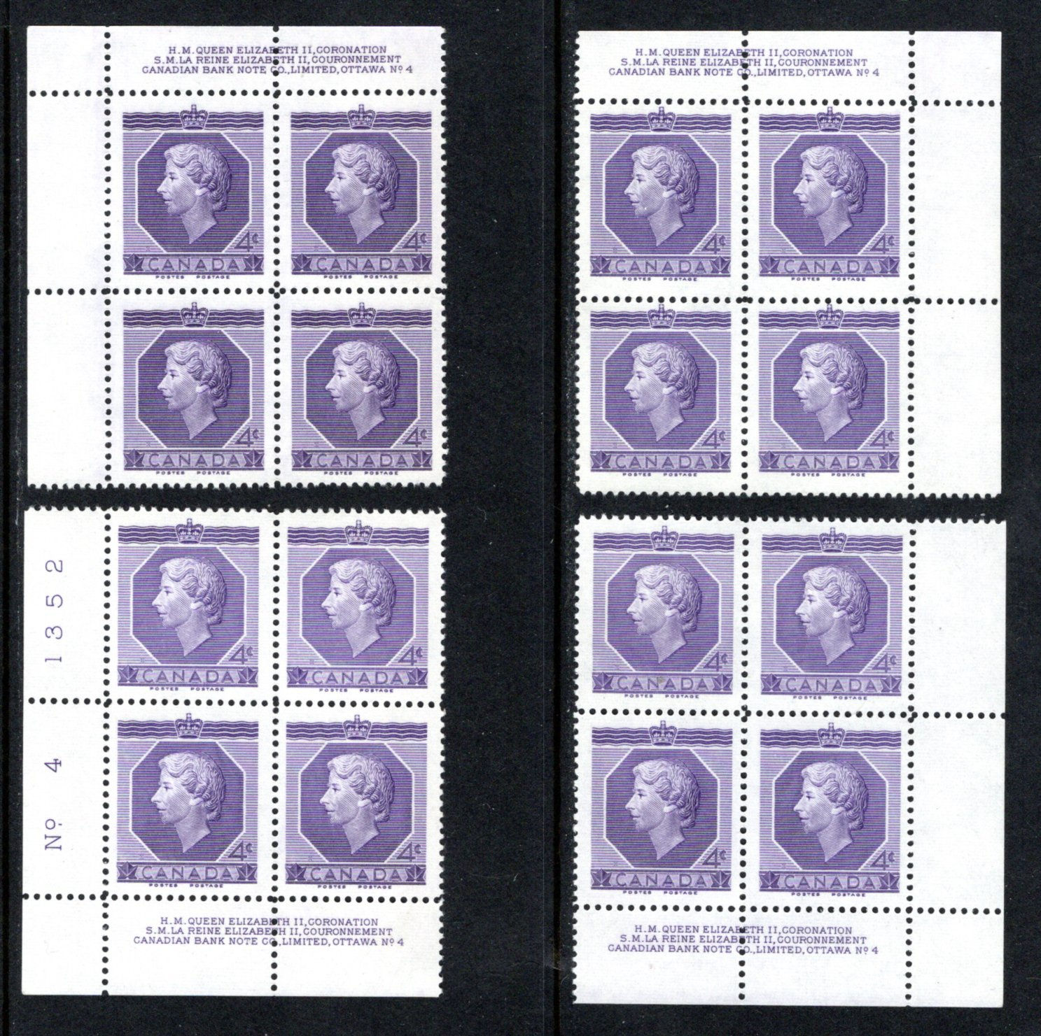 330 Scott, Canada, 4c, PB4, Mint Set of Plate Blocks, MNH, QEII Coronation