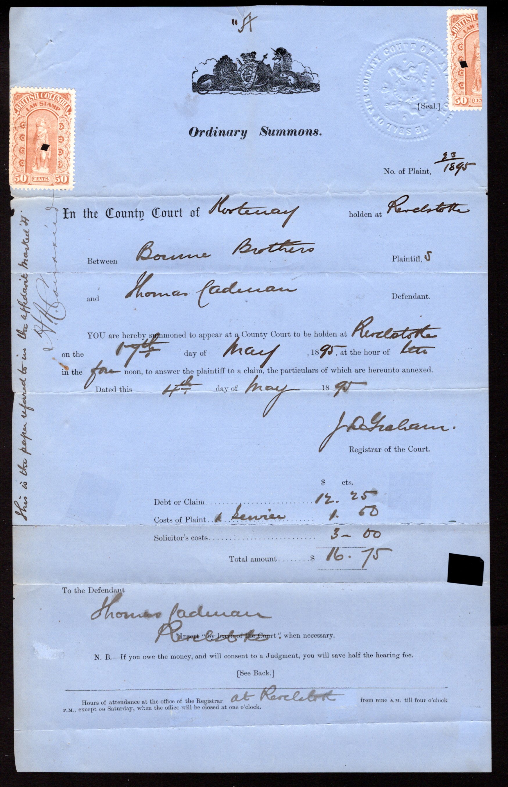 BCL11, 11a, van Dam, (BISECT on Full Document), 50c buff, BC Law, Canada