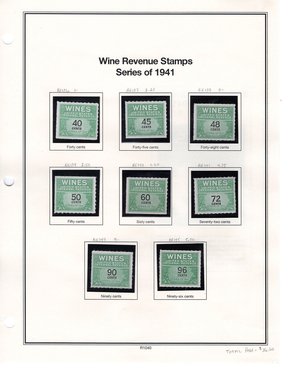 Thumbnail: Wine Stamps, 1941, Short Set, from Heritage Coll., MNH, NGAI