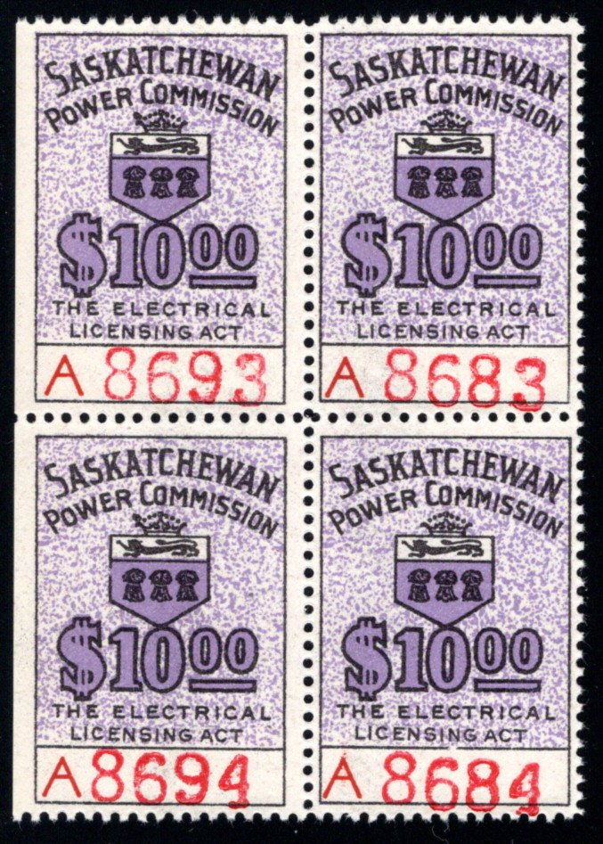 van Dam SE27, MNH, $10 Purple, Block of 4, Saskatchewan Power, Canada