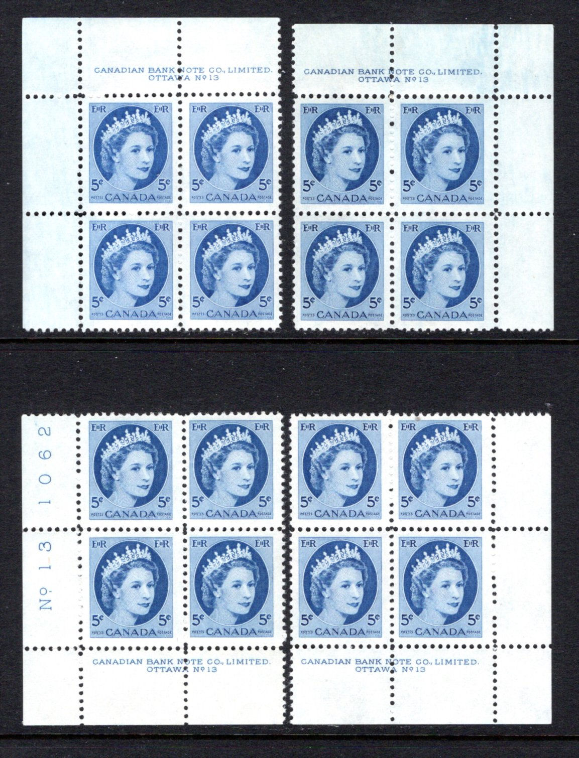 341, Scott, "QEII Wilding", 5c, PB13, Matched Set of 4 Plate Blocks, MNHOG, VF