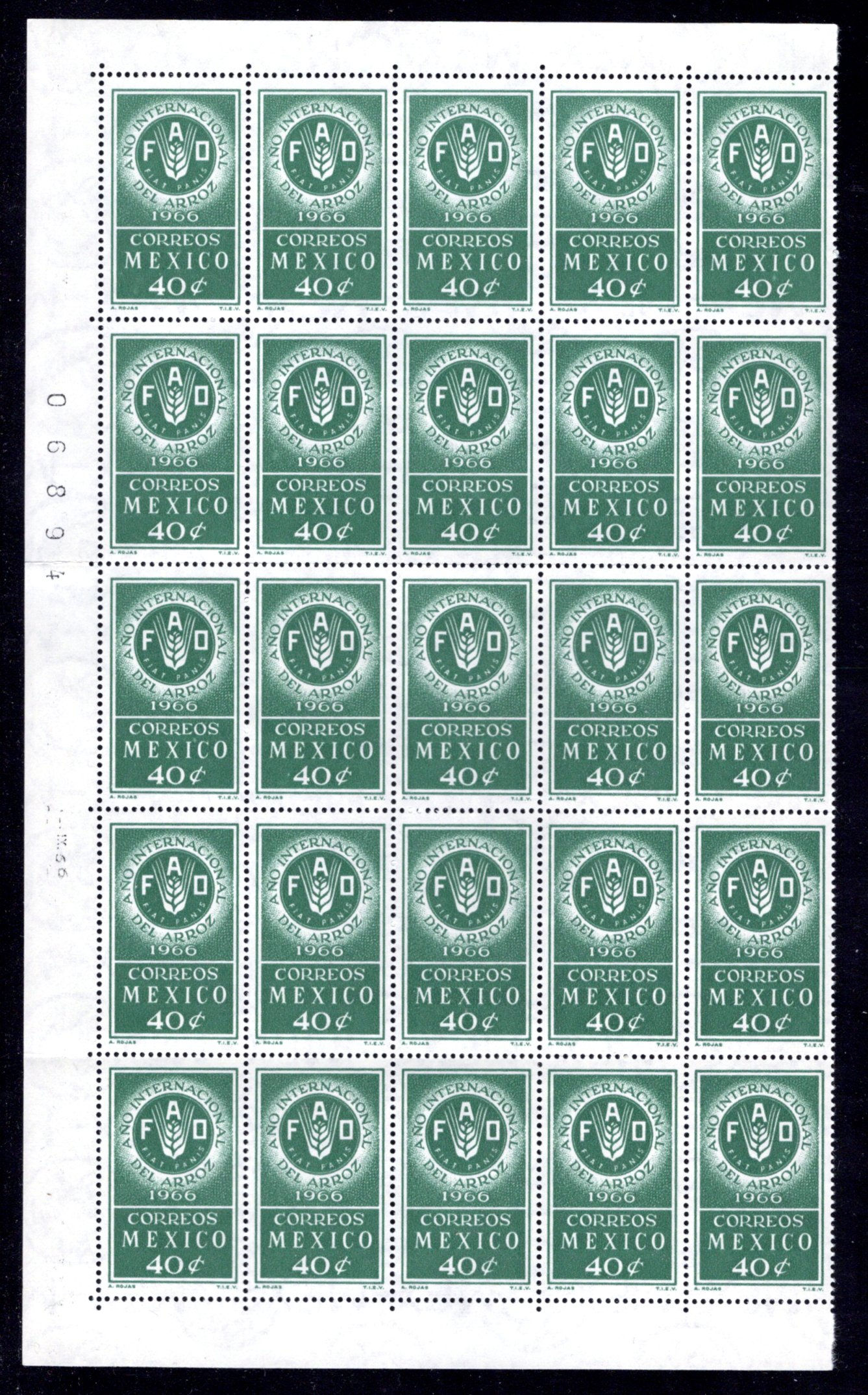 Scott 973, Mexico, Half Sheet of 50, MNHOG, 1966, 40c, FAO Emblem, Rice