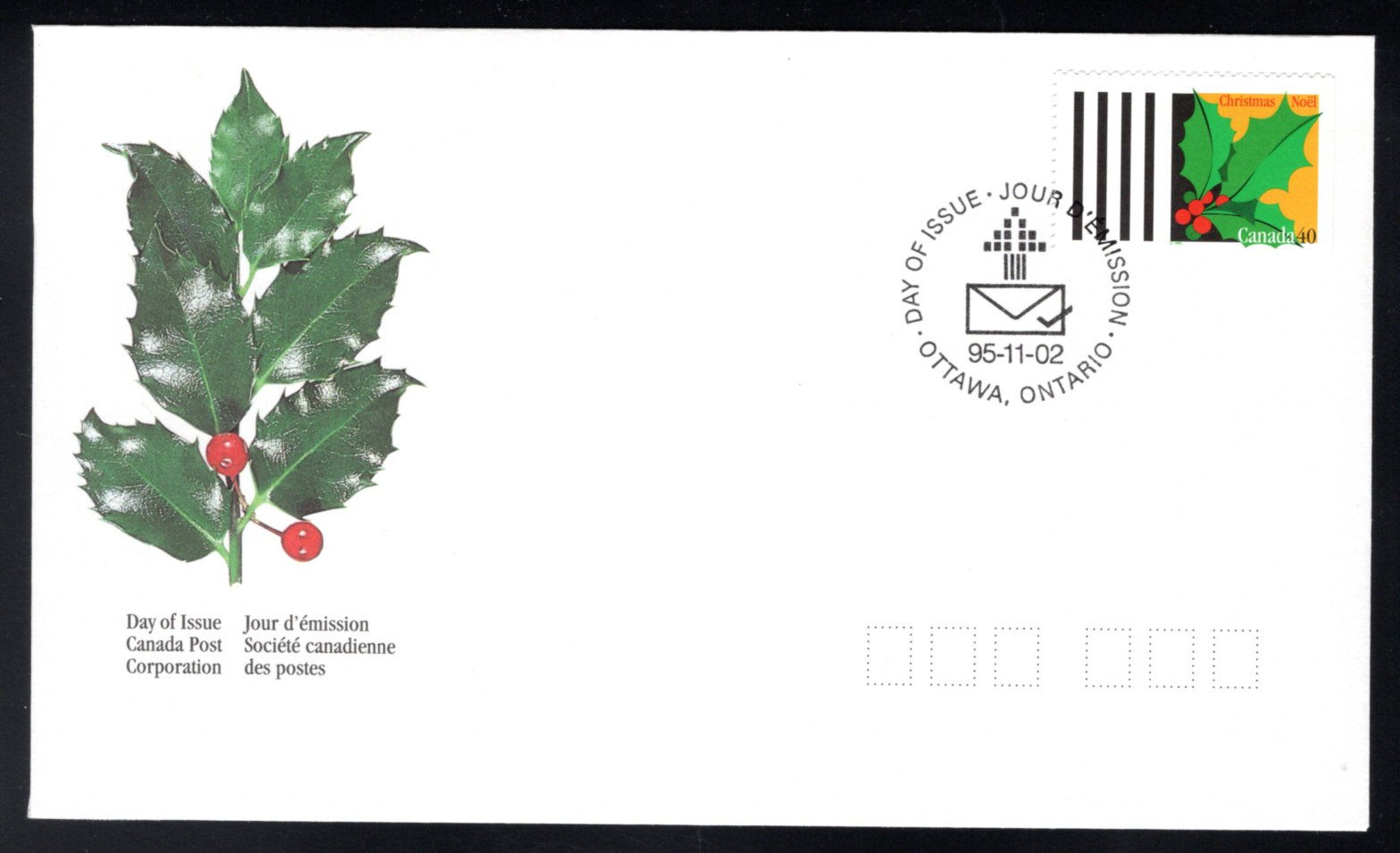 1588, Scott, FDC, Canada, "Greet More" - Holly, 40c, 1995 Nov 2