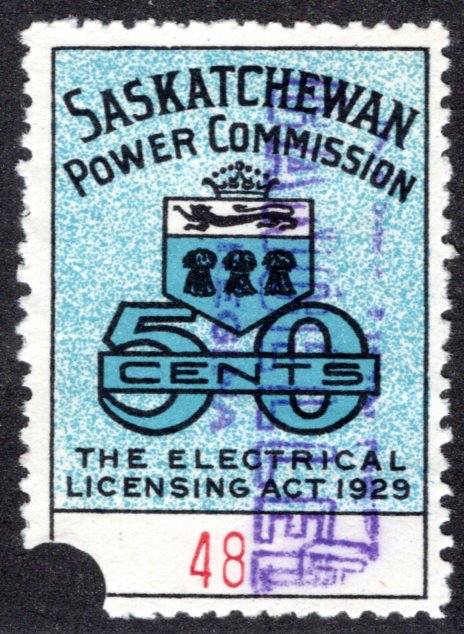 van Dam SE10a, pinperf, Used, 50c, From 1st Sheet, Saskatchewan Electric, Canada