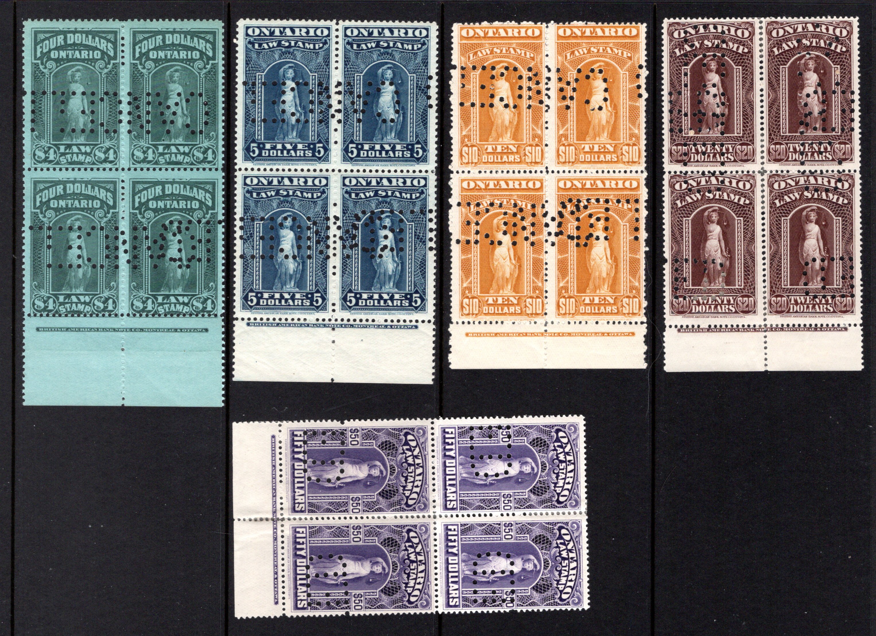 OL61-OL65, van Dam, (5) Blocks of 4, full imprints, SPECIMEN, Ontario, Canada