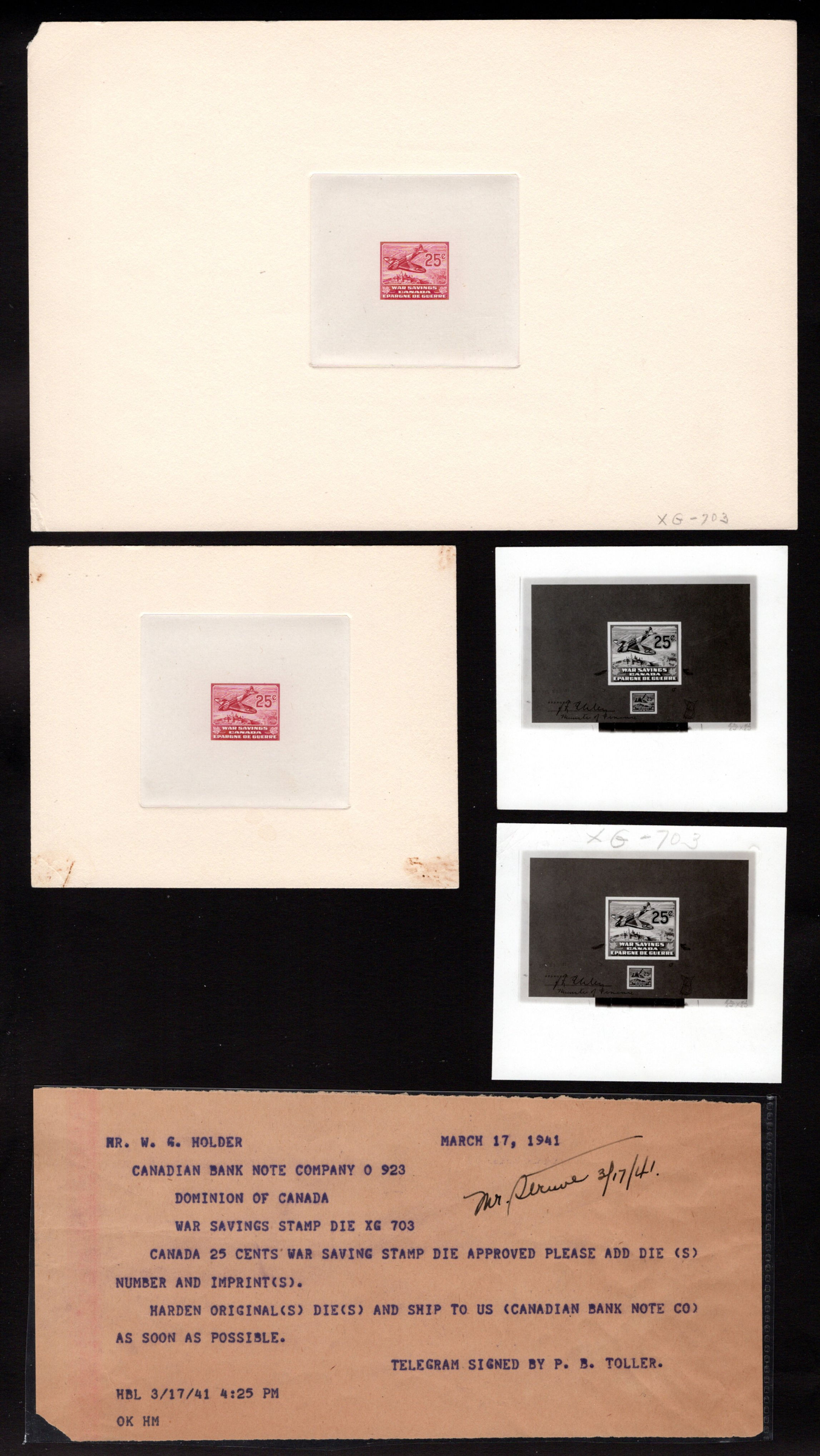 van Dam FWS13, Spitfire, Die Proofs, Essays, Telegram GROUP (XG-703), Canada