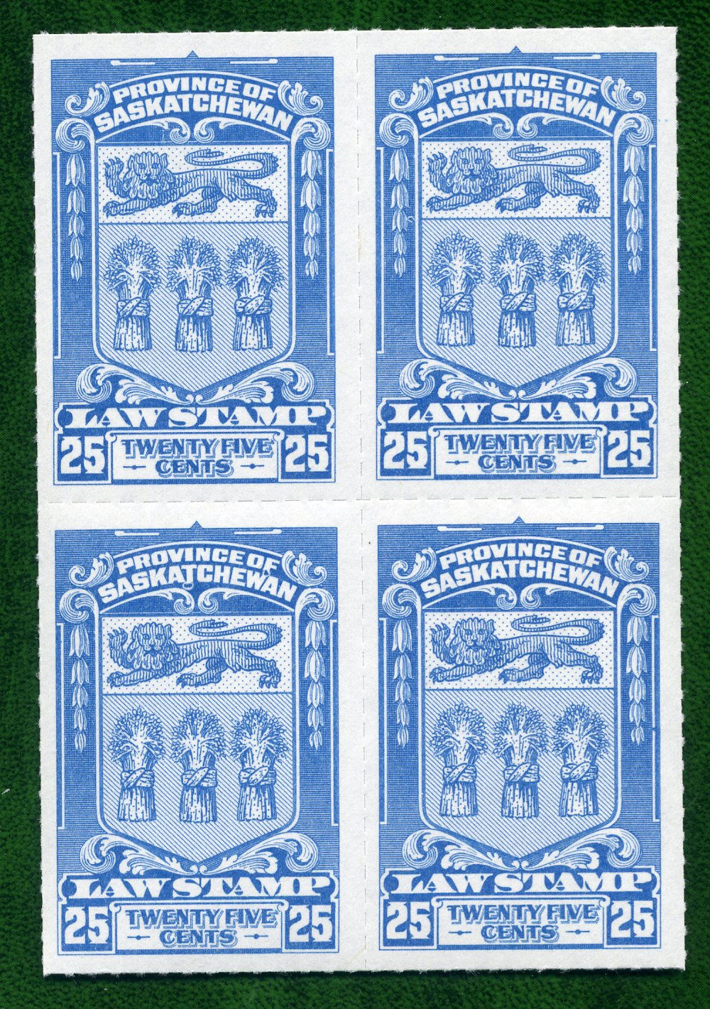 van Dam SL70 - 25c - MNH - Block of 4 - Rouletted - Saskatchewan Law - C/V-$20