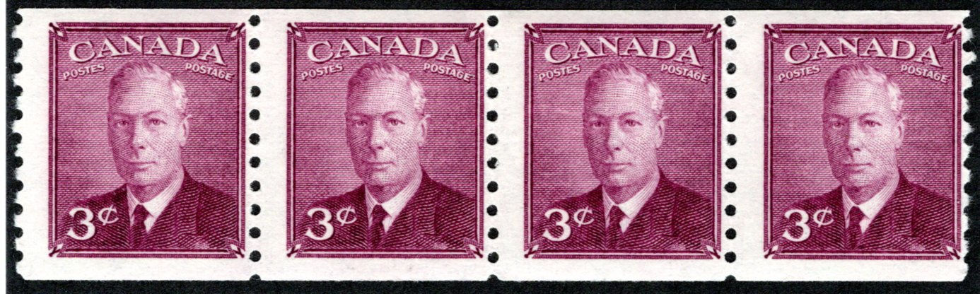 299, Strip of 4, 3c King George VI "with Postes / Postage", strip of 4, MLHOG