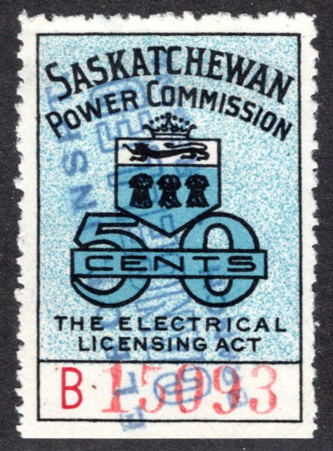 van Dam SE19a, Used, pinperf, 50c, Blue B, Saskatchewan Power Commission, Canad