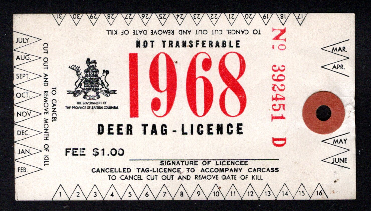 British Columbia, 1968, $1, Deer Tag Licence, Uncanceled