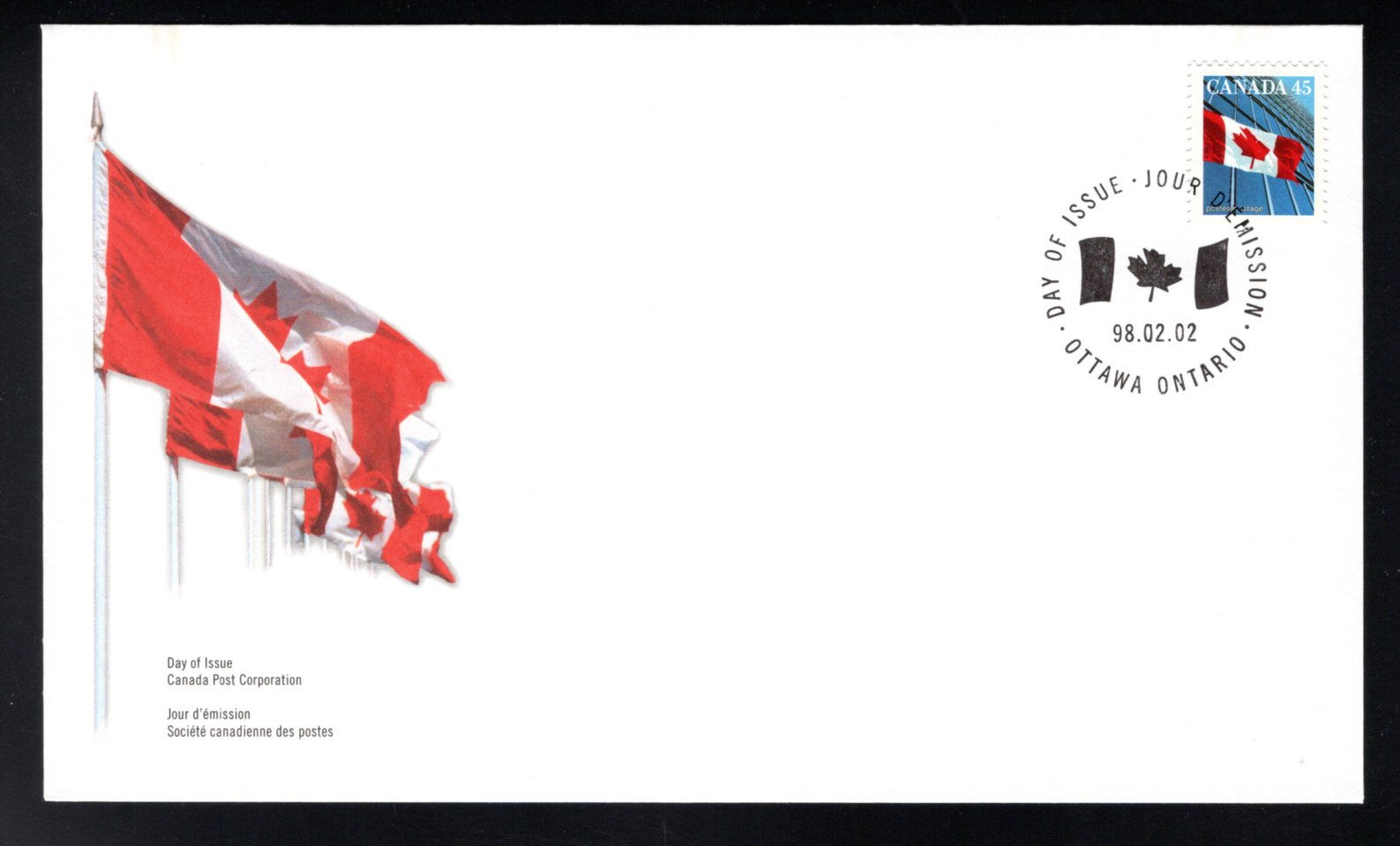 1362, Scott, FDC, Canada, Flag Over Building, 45c, 1998 Feb 2