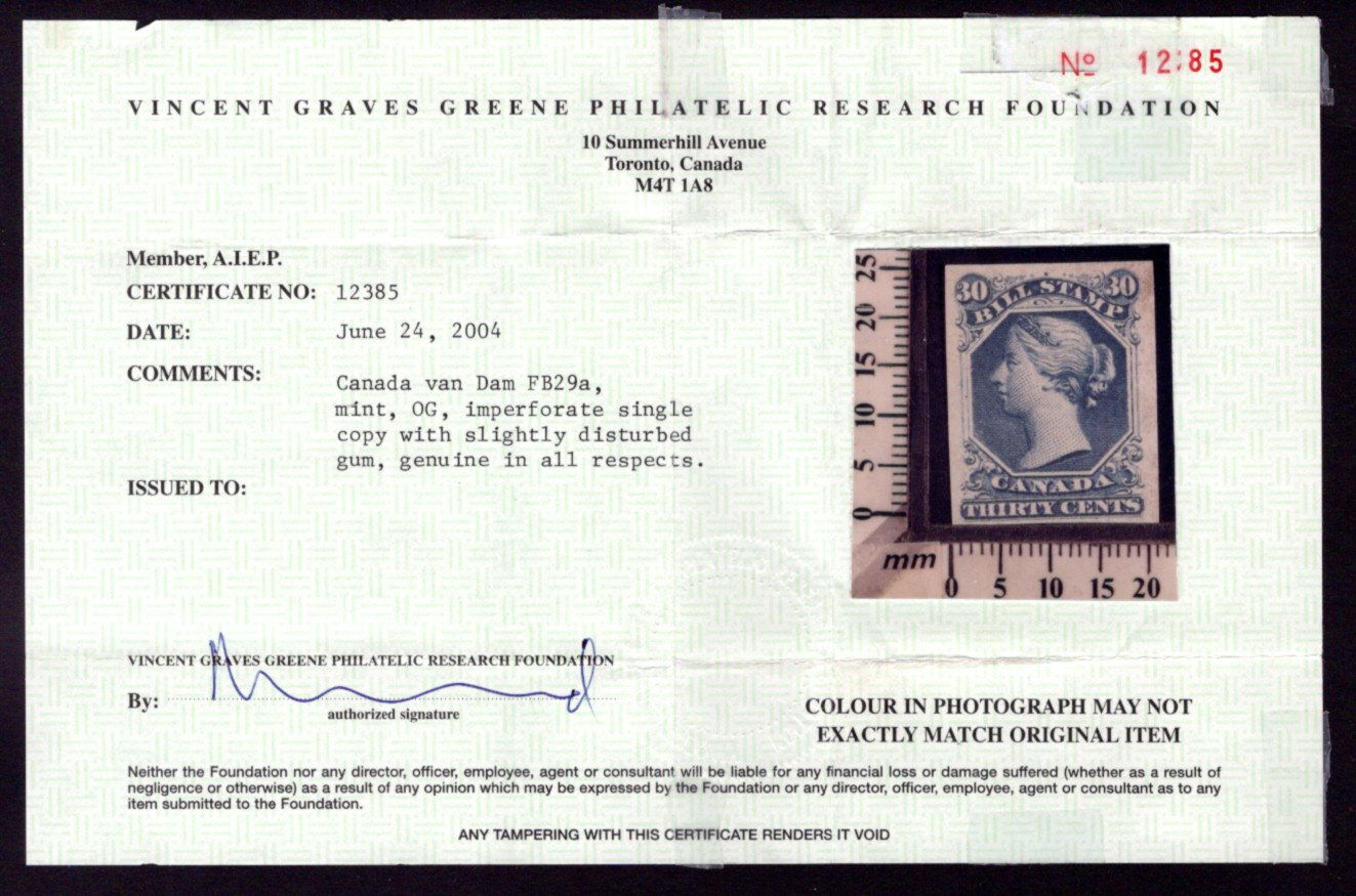 FB29a, van Dam, 30c blue, imperf single, 4 full margins, VF, OG, VGG Cert.