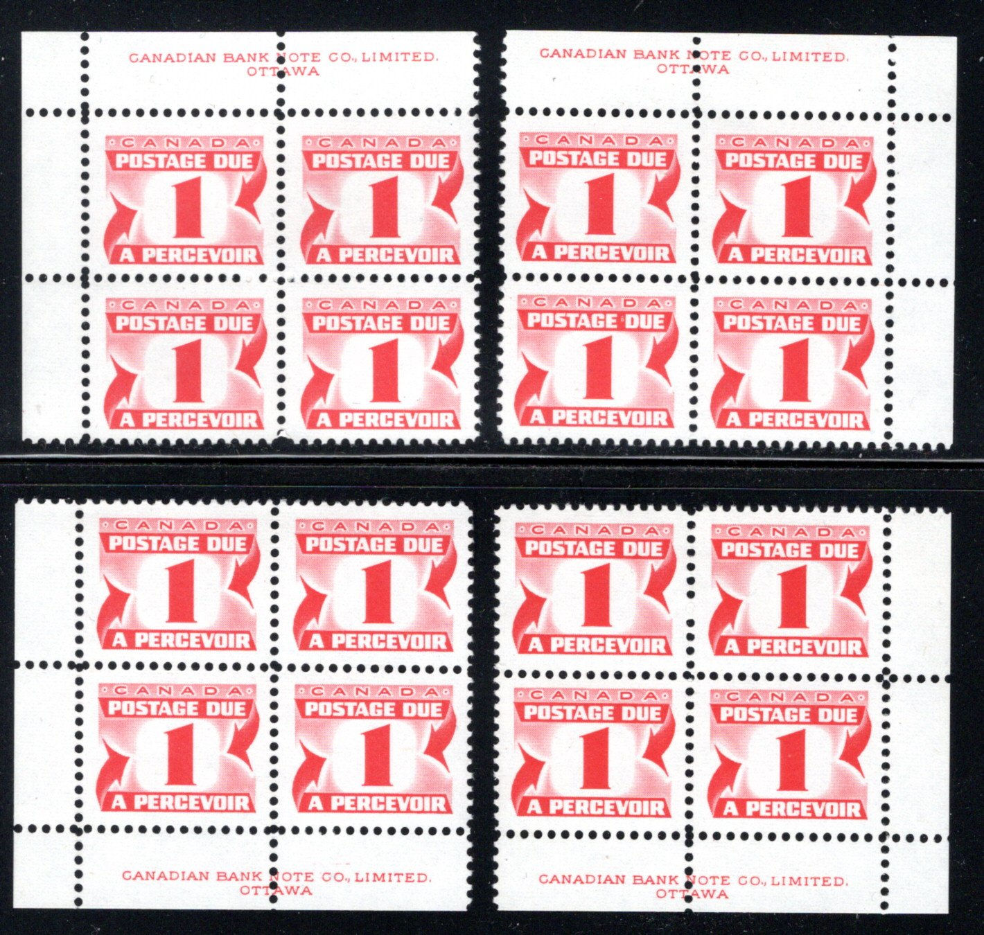 J28i, Scott, 1c, Matched Plate Block Set, MNH, DF, PVA, Postage Due, Canada