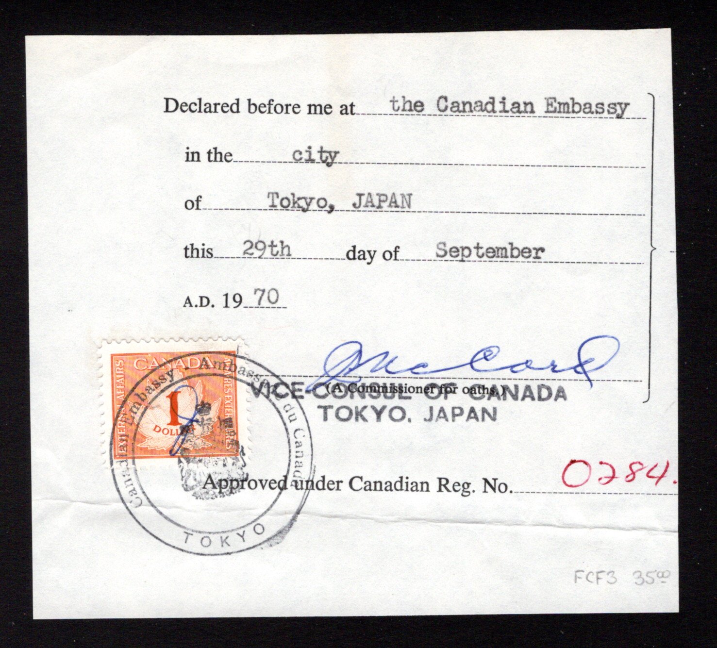 FCF3a, $1, Deformed 1 Variety, Two-Ring Tokyo cancel, on piece, Canada