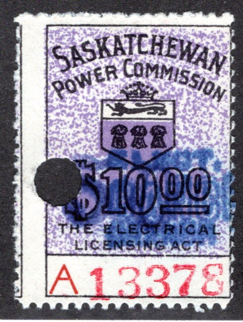 van Dam SE30a, Misperf, pinperf 2 sides, 50c on $10, Saskatchewan Power, Canada