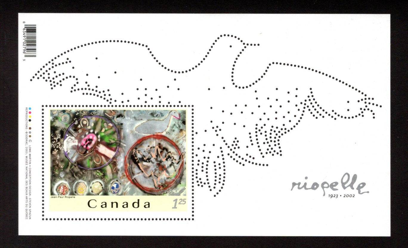 2003ii, Scott, Canada, Riopelle, 2 extra perf holes, MNH, $1.25 Souvenir Sheet