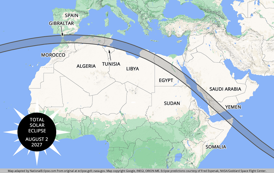 Path of solar eclipse during August 2027 Saudi Birding Tour