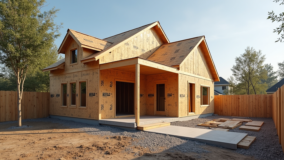 Wide angle view of a partially completed home addition with framing and roofing underway