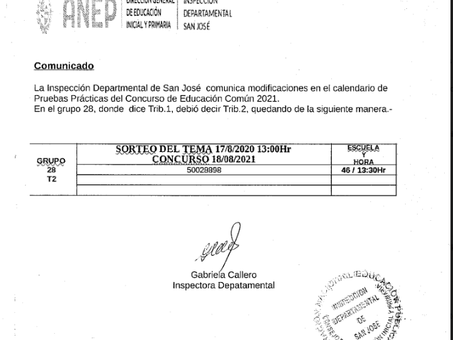 Modificaciones en el calendario  de Pruebas Prácticas del Concurso de Ed. Común