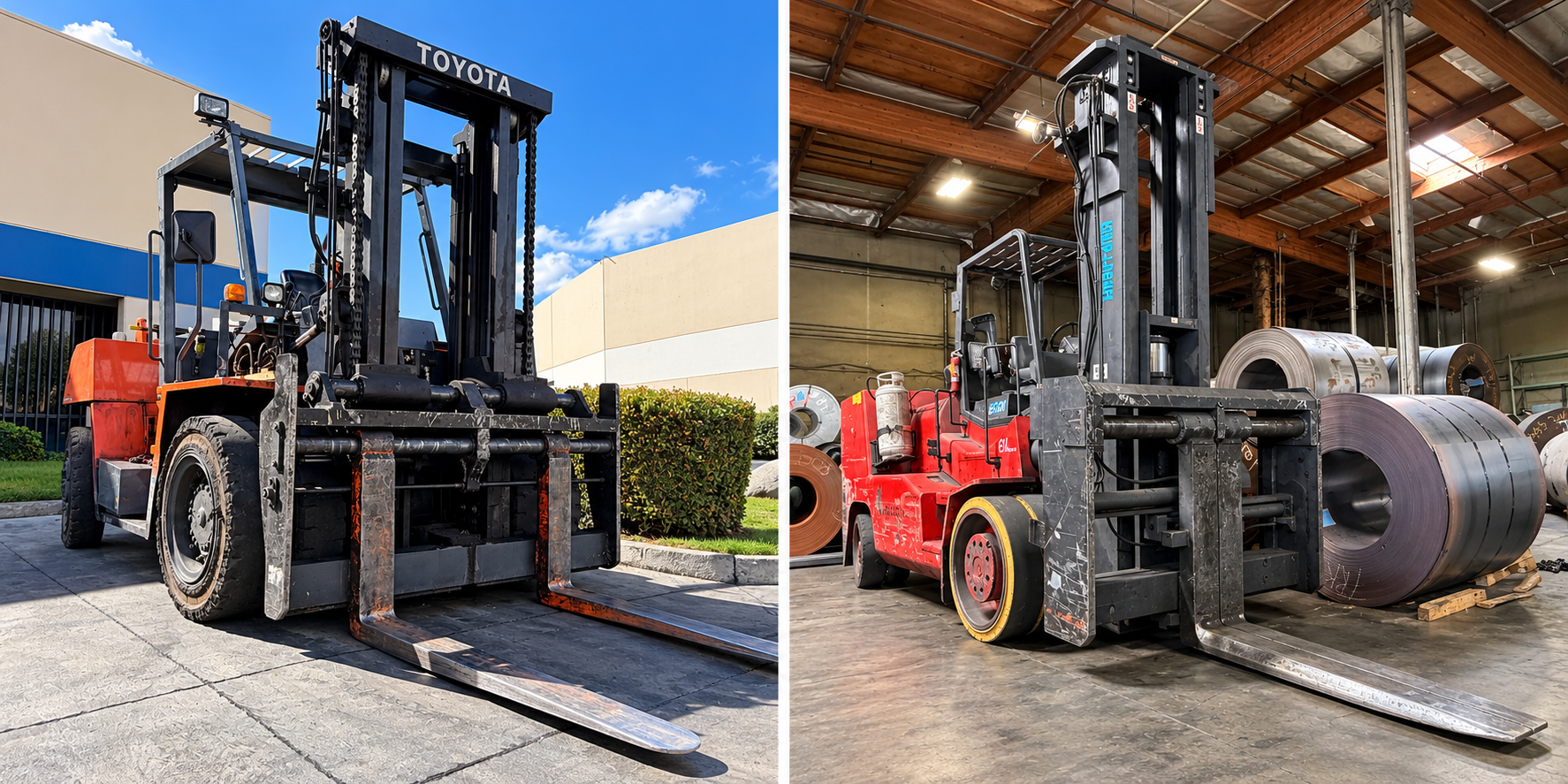 Toyota forklift with extended forks outside Blue Star Metals