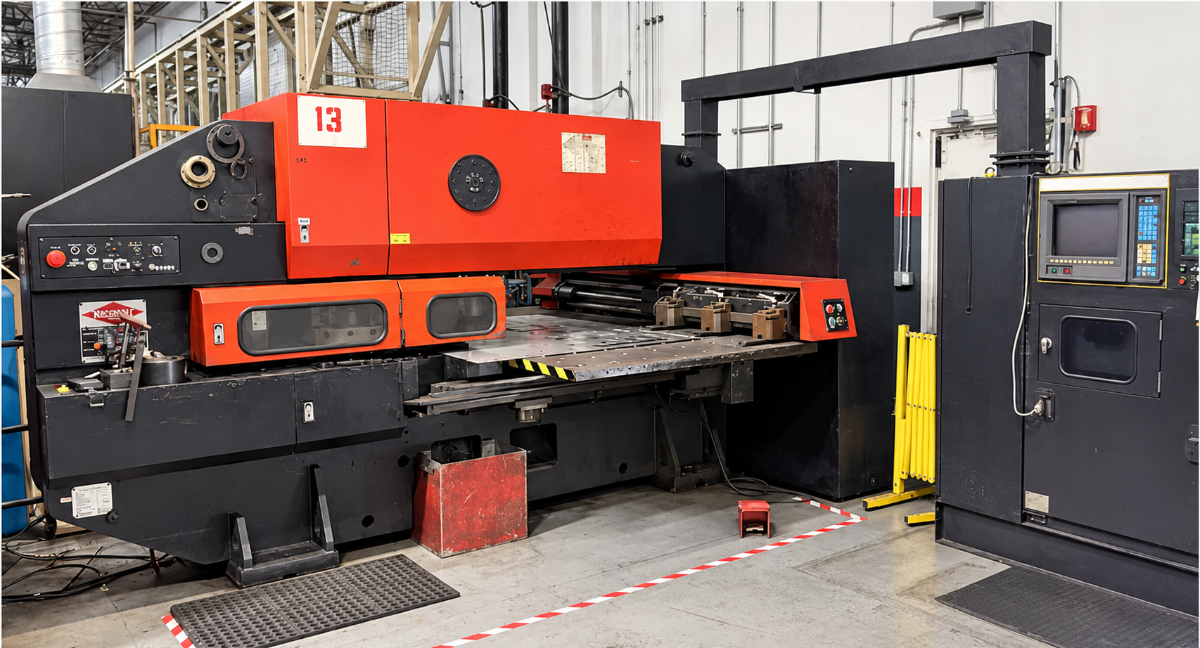 Retouched reference image of an AMADA PEGA-345 turret punch with its separate control cabinet