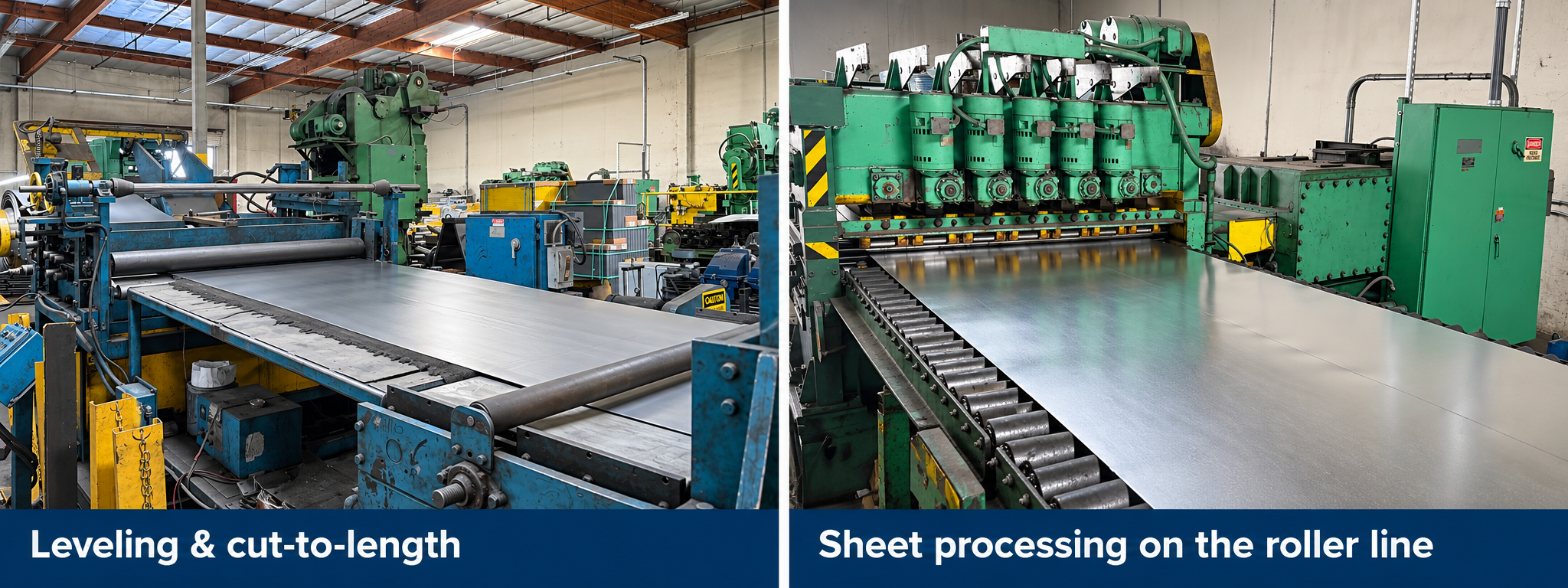 Steel sheet moving through a Blue Star Metals leveling and cut-to-length line