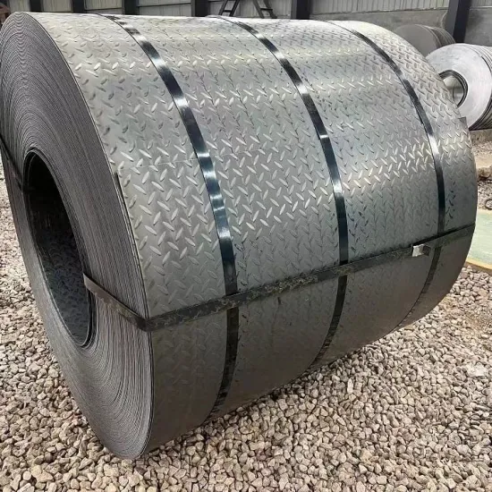 Coiled tread plate with a visible raised pattern and steel banding