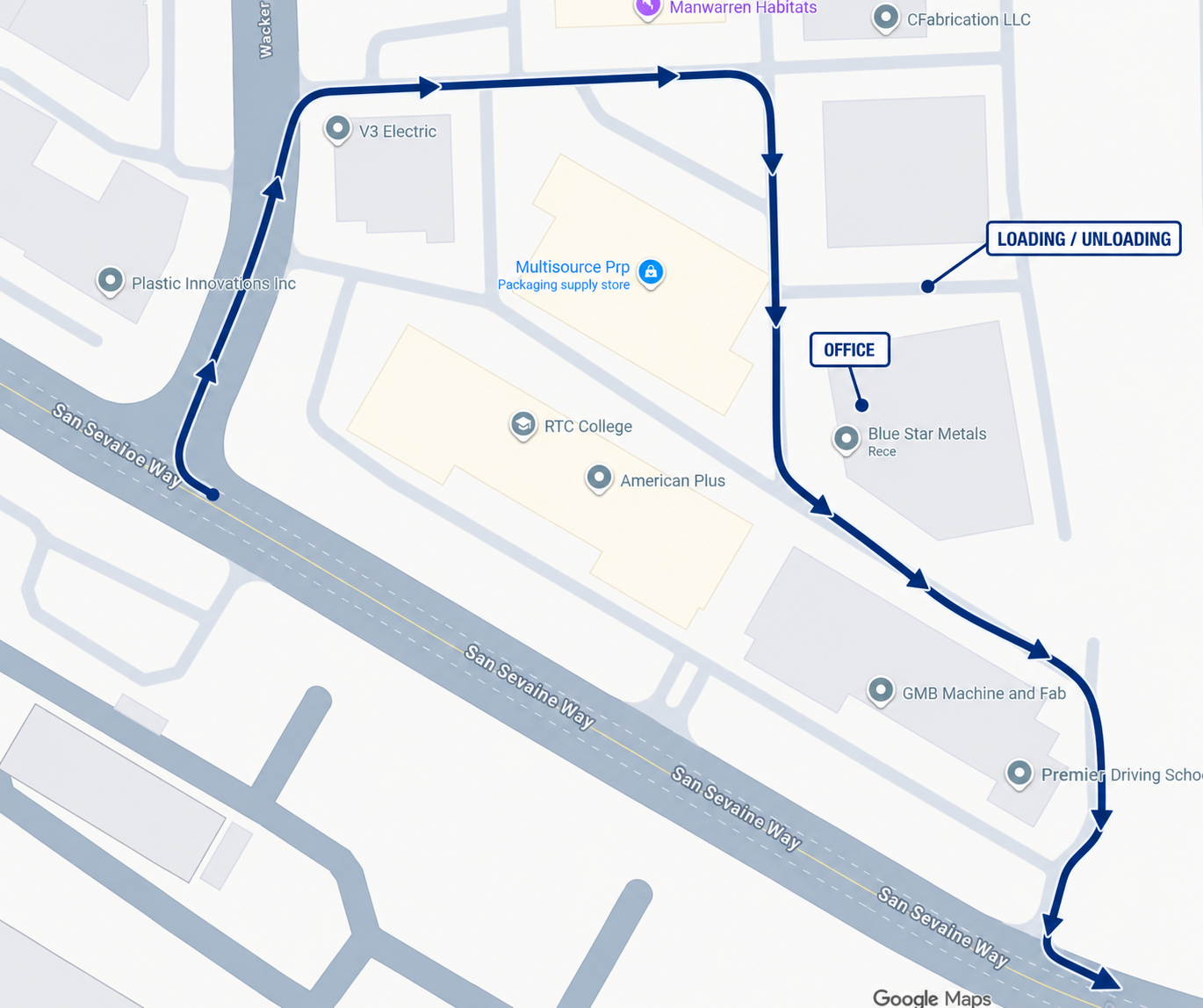 Cleaned driver map based on the supplied reference: blue route enters Wacker Drive from San Sevaine Way on the left, follows the complex drive across the top, then heads south beside Blue Star Metals. The loading yard is between the two buildings to the right of that southbound drive; the office is labeled near the Blue Star building corner.