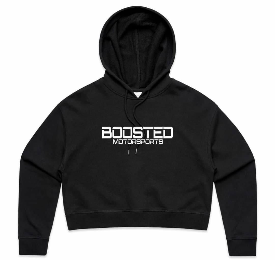 Womens black crop hoodie: Boosted Motorsports logo