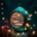 A high-contrast image depicting a futuristic pod, pink wildflower, and lightbulb garland i