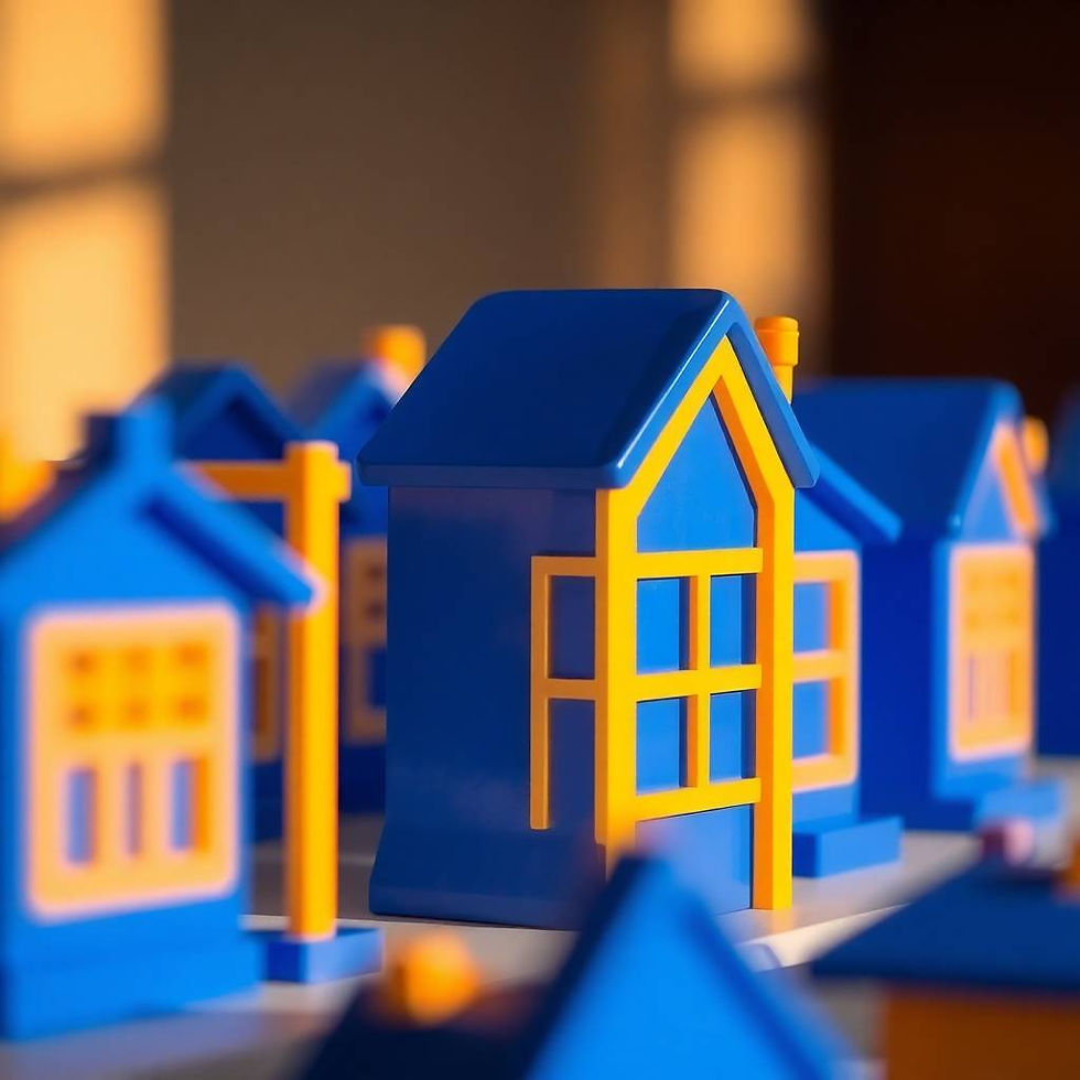 A photograph of royal blue and yellow real estate icons subtly illuminated with gentle sof