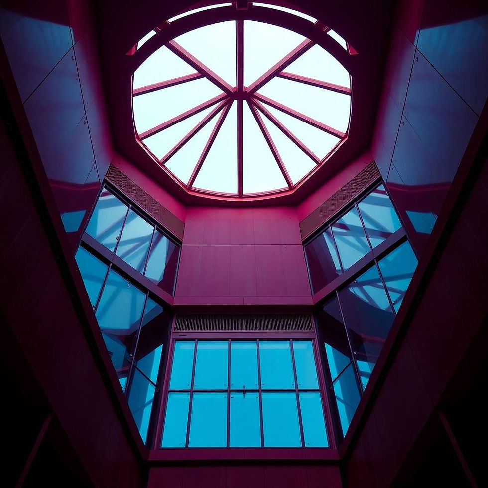 Looking up at a geometric skylight framed by vibrant pink walls, with reflections creating an intricate interplay of light and color.