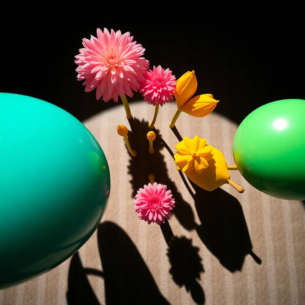 High-angle perspective photograph of teal, pink, and yellow subjects. Strong, hard light c
