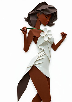 Intricate origami style, dynamic in motion. Glamorous brown-skinned lady with graceful pos