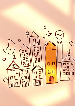 A hand-drawn sketch of real estate icons illuminated by soft warm light, using reds orange