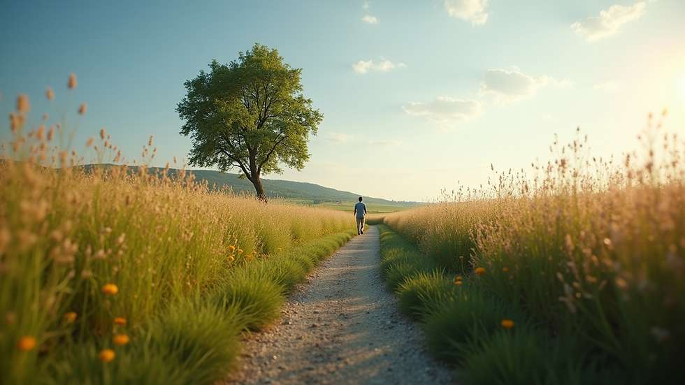 Eye-level view of serene landscape with a walking path