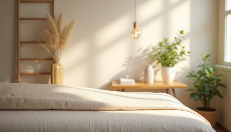 Eye-level view of a serene acupuncture treatment room with calming decor