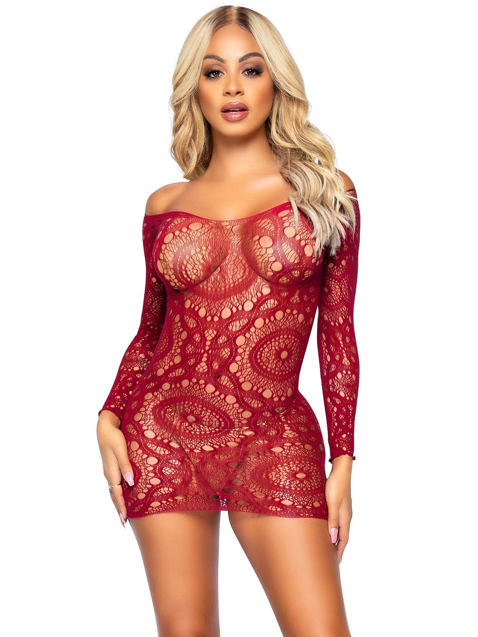 Thumbnail: Leg Avenue Crochet Lace Long Sleeved Mini Dress OS Burgundy