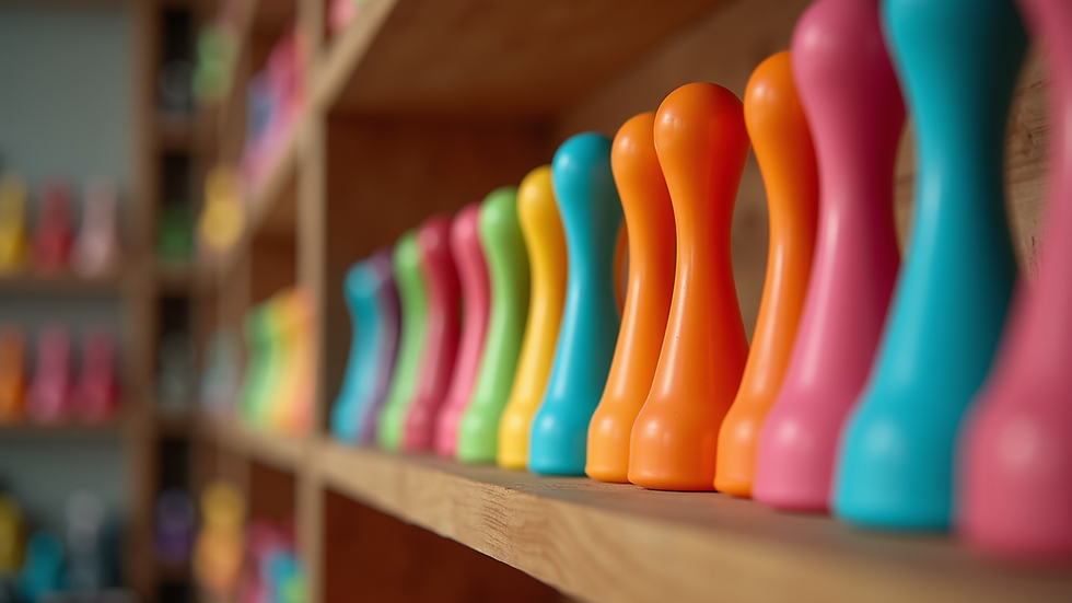Eye-level view of a variety of colorful dildos displayed on a shelf