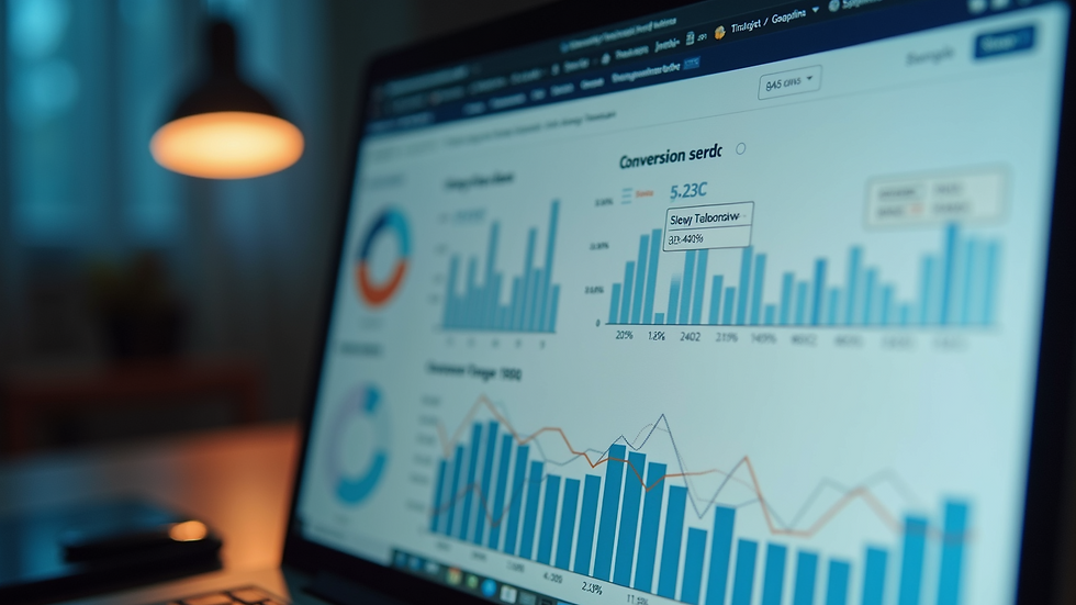 Close-up view of a computer screen showing analytics data and conversion metrics