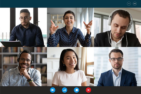 Team working by group video call share ideas brainstorming negotiating use video conferenc