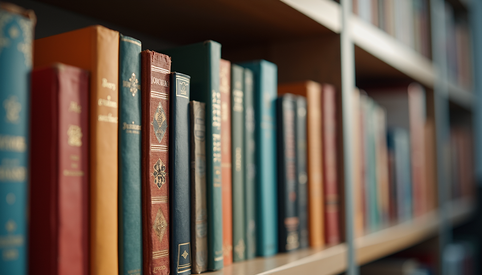 Eye-level view of a bookshelf filled with colorful self-published books