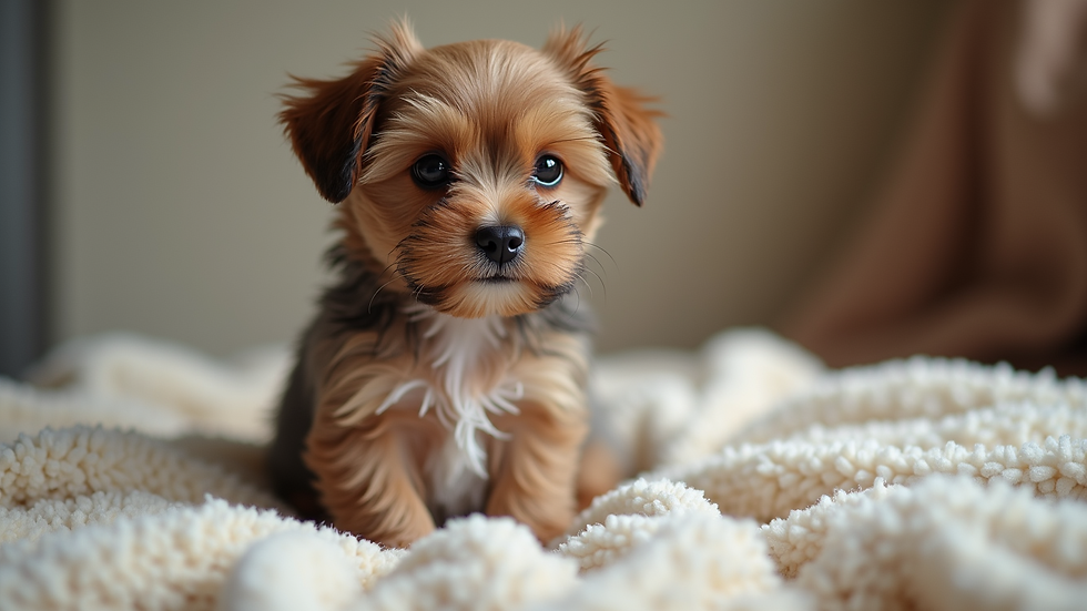 Close-up view of a Shorkie puppy sitting on a soft blanket