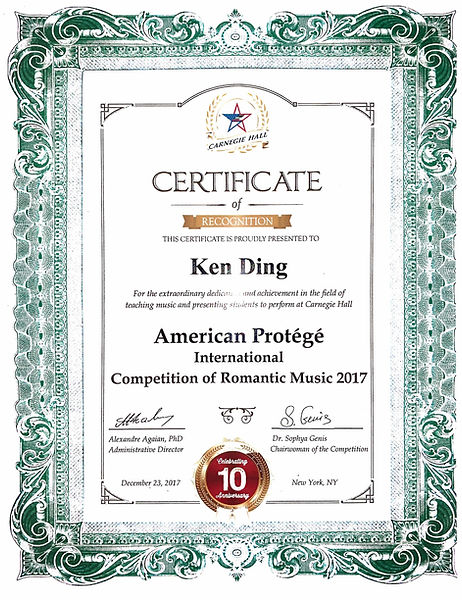 2017 certificate of recognition for international romantic music competition