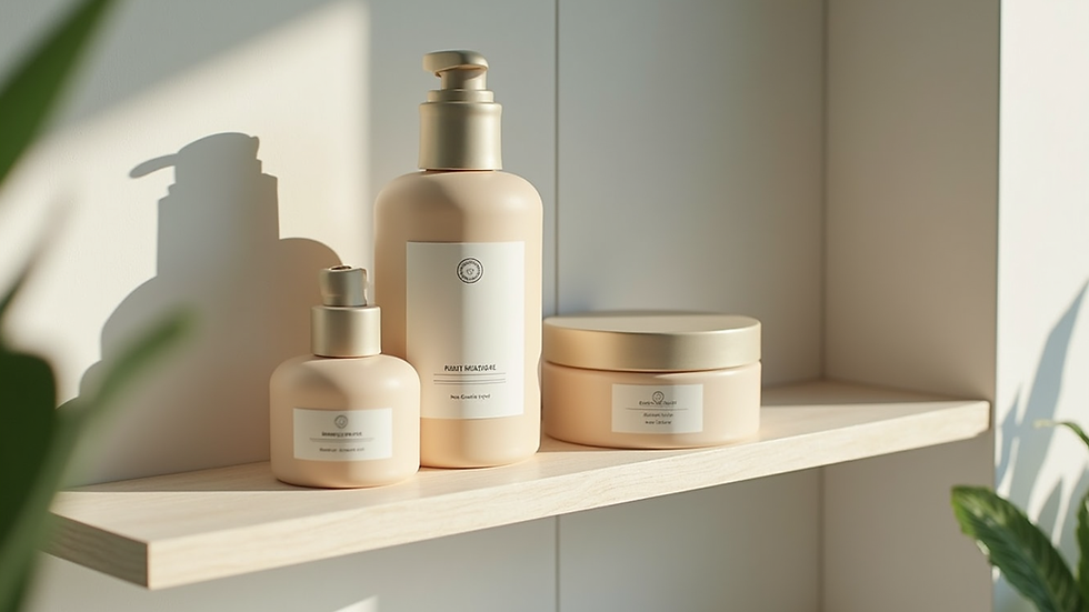 Eye-level view of a modern bathroom shelf with eco-friendly beauty products