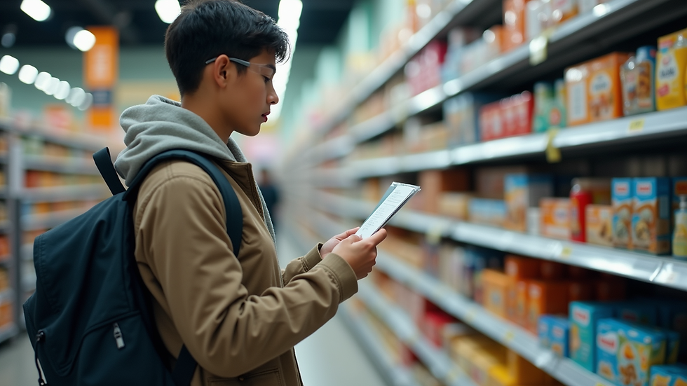 Eye-level view of a person reading a product label in a store aisle
