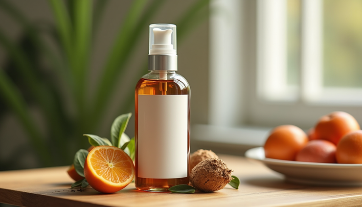 High angle view of a glowing skin care bottle with natural ingredients around it