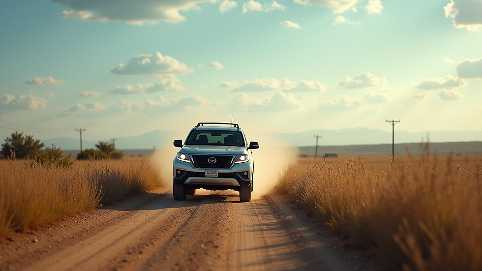 Wide angle view of an SUV on a dirt road in a rural landscape