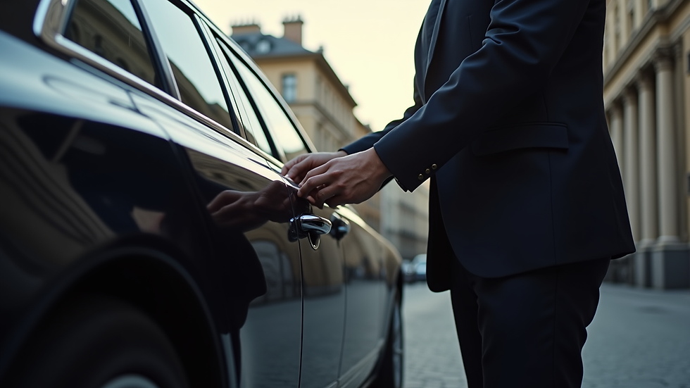 Close-up view of a chauffeur opening the door of a luxury car