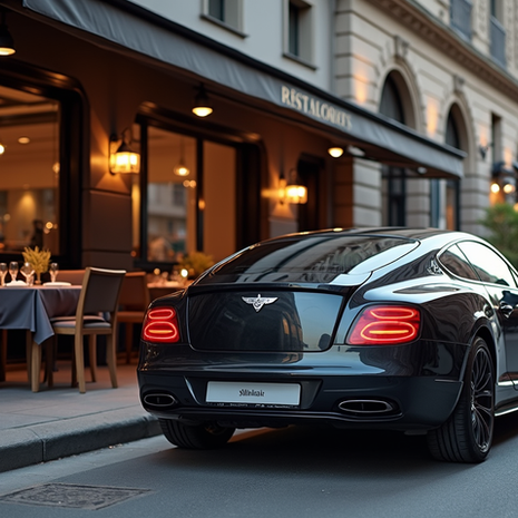Eye-level view of a luxury car parked outside a high-end restaurant in Bucharest
